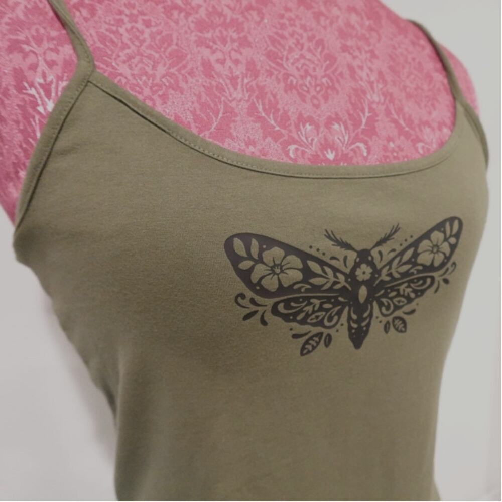 Olive green Tank with a Black Folk Moth NWOT